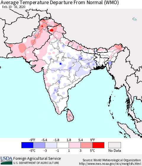 Southern Asia Average Temperature Departure from Normal (WMO) Thematic Map For 2/10/2020 - 2/16/2020