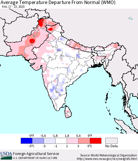 Southern Asia Average Temperature Departure from Normal (WMO) Thematic Map For 2/17/2020 - 2/23/2020