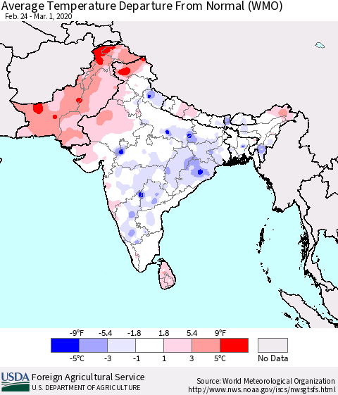 Southern Asia Average Temperature Departure from Normal (WMO) Thematic Map For 2/24/2020 - 3/1/2020