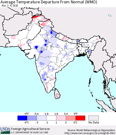 Southern Asia Average Temperature Departure from Normal (WMO) Thematic Map For 3/2/2020 - 3/8/2020
