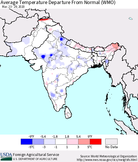 Southern Asia Average Temperature Departure from Normal (WMO) Thematic Map For 3/23/2020 - 3/29/2020