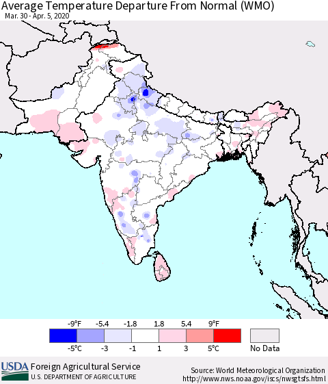 Southern Asia Average Temperature Departure from Normal (WMO) Thematic Map For 3/30/2020 - 4/5/2020