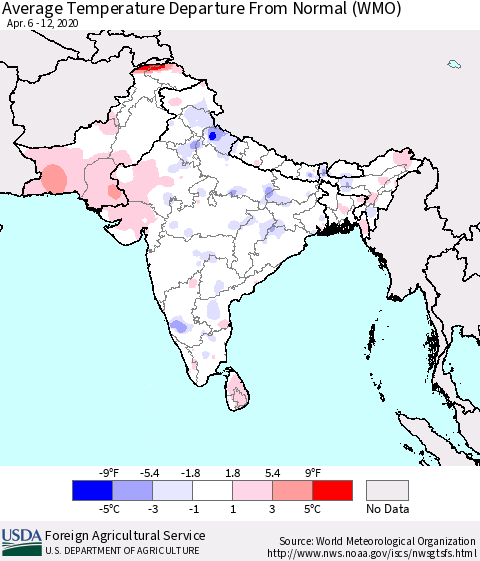 Southern Asia Average Temperature Departure from Normal (WMO) Thematic Map For 4/6/2020 - 4/12/2020