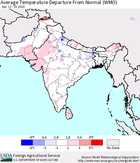 Southern Asia Average Temperature Departure from Normal (WMO) Thematic Map For 4/13/2020 - 4/19/2020
