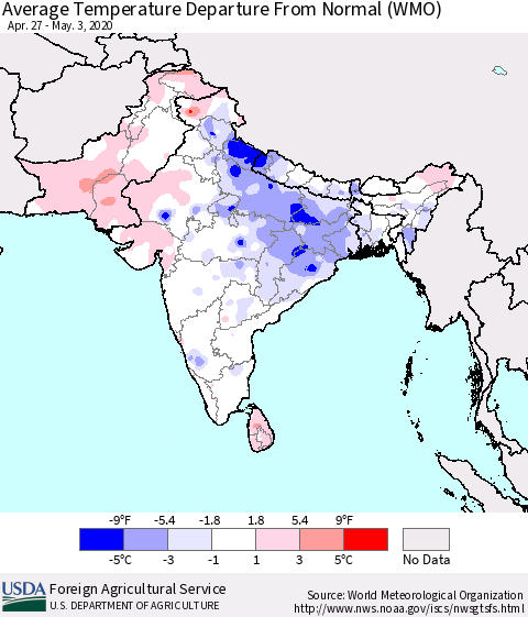 Southern Asia Average Temperature Departure from Normal (WMO) Thematic Map For 4/27/2020 - 5/3/2020