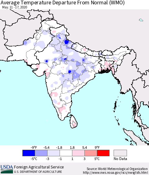 Southern Asia Average Temperature Departure from Normal (WMO) Thematic Map For 5/11/2020 - 5/17/2020