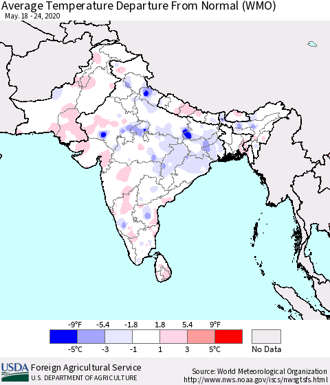Southern Asia Average Temperature Departure from Normal (WMO) Thematic Map For 5/18/2020 - 5/24/2020