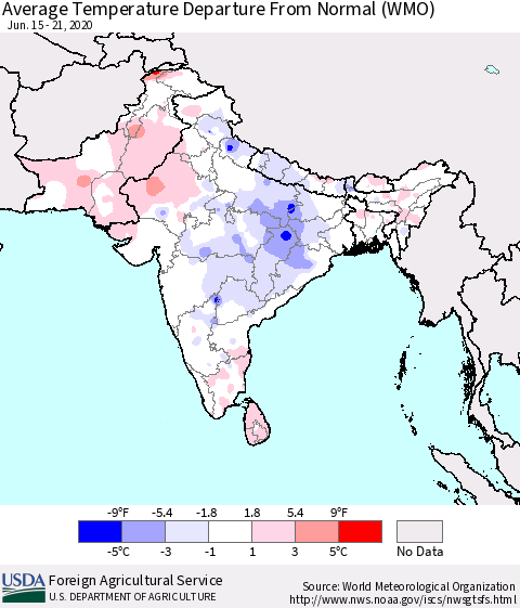 Southern Asia Average Temperature Departure from Normal (WMO) Thematic Map For 6/15/2020 - 6/21/2020