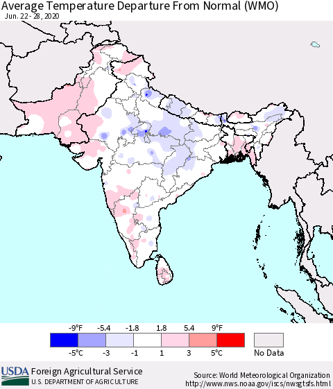 Southern Asia Average Temperature Departure from Normal (WMO) Thematic Map For 6/22/2020 - 6/28/2020