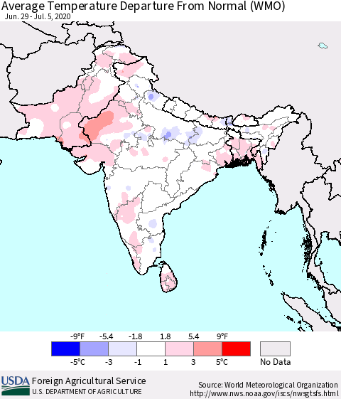 Southern Asia Average Temperature Departure from Normal (WMO) Thematic Map For 6/29/2020 - 7/5/2020