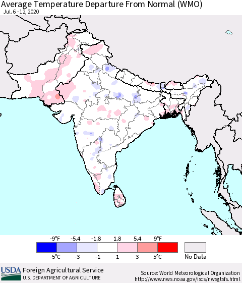 Southern Asia Average Temperature Departure from Normal (WMO) Thematic Map For 7/6/2020 - 7/12/2020