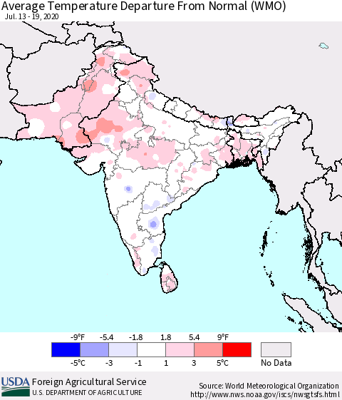 Southern Asia Average Temperature Departure from Normal (WMO) Thematic Map For 7/13/2020 - 7/19/2020