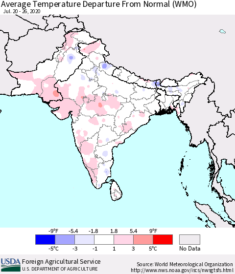 Southern Asia Average Temperature Departure from Normal (WMO) Thematic Map For 7/20/2020 - 7/26/2020