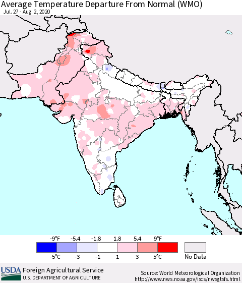 Southern Asia Average Temperature Departure from Normal (WMO) Thematic Map For 7/27/2020 - 8/2/2020
