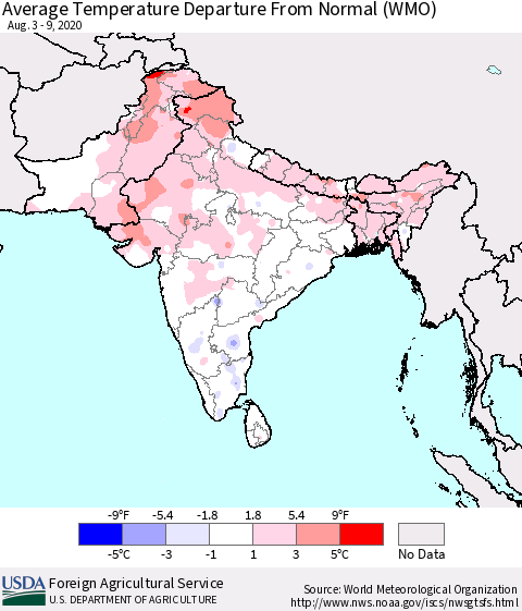 Southern Asia Average Temperature Departure from Normal (WMO) Thematic Map For 8/3/2020 - 8/9/2020