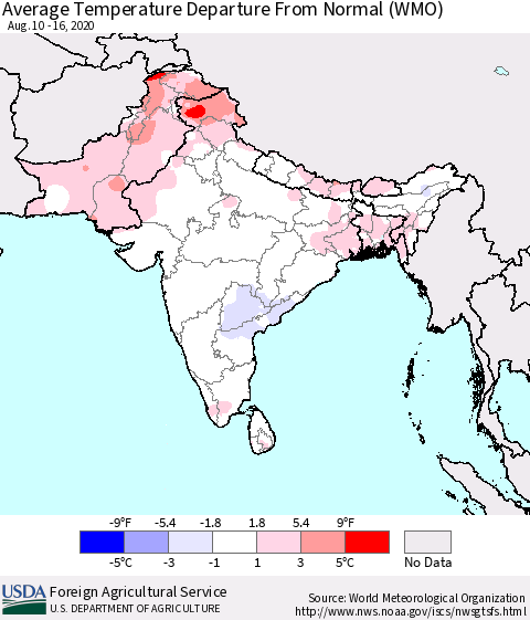 Southern Asia Average Temperature Departure from Normal (WMO) Thematic Map For 8/10/2020 - 8/16/2020