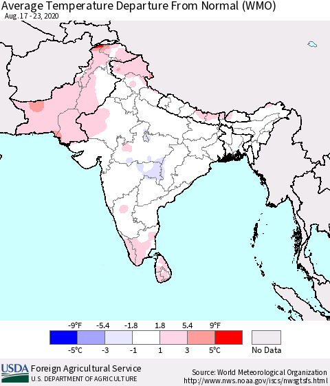 Southern Asia Average Temperature Departure from Normal (WMO) Thematic Map For 8/17/2020 - 8/23/2020