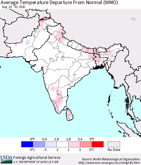 Southern Asia Average Temperature Departure from Normal (WMO) Thematic Map For 8/24/2020 - 8/30/2020