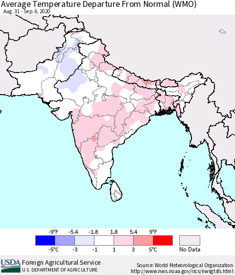 Southern Asia Average Temperature Departure From Normal (WMO) Thematic Map For 8/31/2020 - 9/6/2020