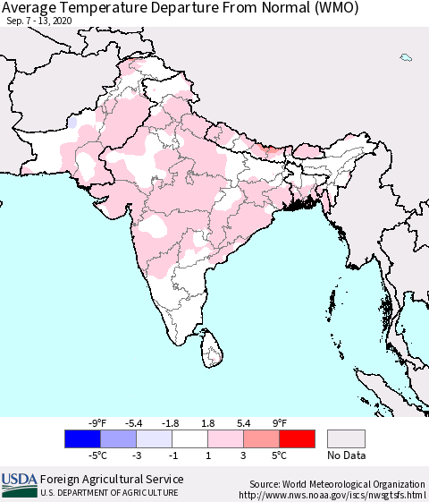 Southern Asia Average Temperature Departure from Normal (WMO) Thematic Map For 9/7/2020 - 9/13/2020