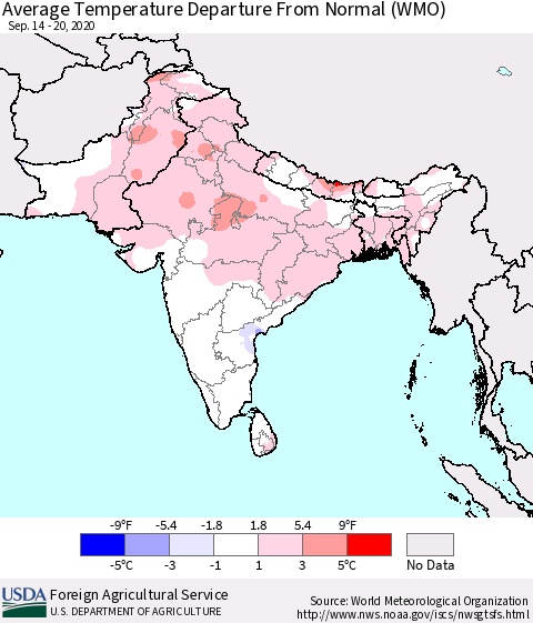 Southern Asia Average Temperature Departure from Normal (WMO) Thematic Map For 9/14/2020 - 9/20/2020