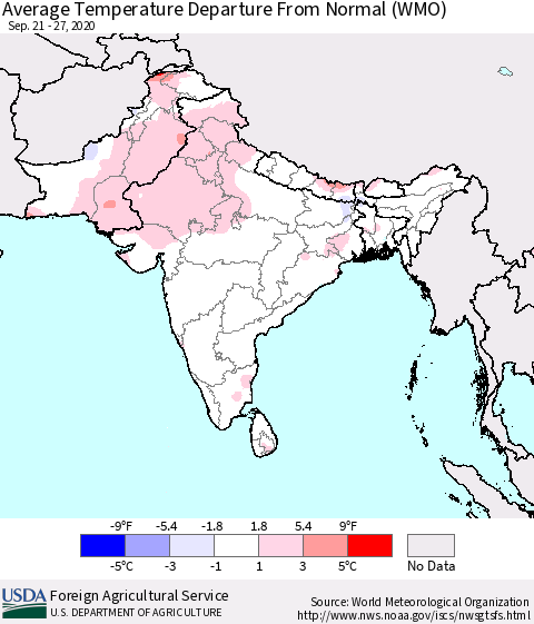 Southern Asia Average Temperature Departure from Normal (WMO) Thematic Map For 9/21/2020 - 9/27/2020
