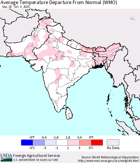 Southern Asia Average Temperature Departure from Normal (WMO) Thematic Map For 9/28/2020 - 10/4/2020