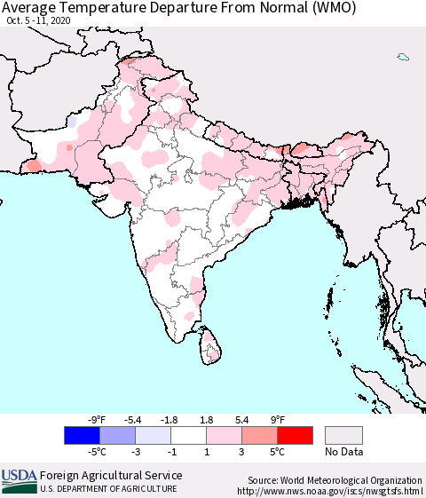 Southern Asia Average Temperature Departure from Normal (WMO) Thematic Map For 10/5/2020 - 10/11/2020