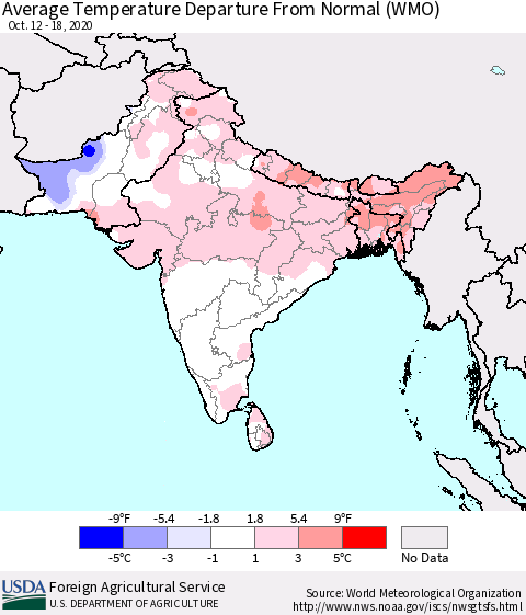Southern Asia Average Temperature Departure From Normal (WMO) Thematic Map For 10/12/2020 - 10/18/2020
