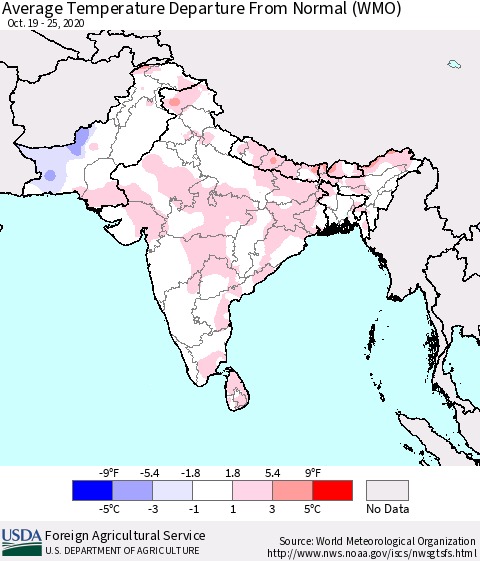 Southern Asia Average Temperature Departure from Normal (WMO) Thematic Map For 10/19/2020 - 10/25/2020