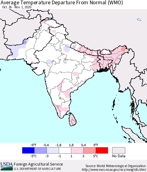 Southern Asia Average Temperature Departure from Normal (WMO) Thematic Map For 10/26/2020 - 11/1/2020