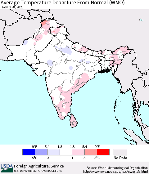 Southern Asia Average Temperature Departure from Normal (WMO) Thematic Map For 11/2/2020 - 11/8/2020