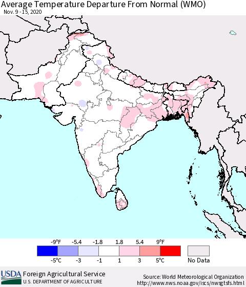 Southern Asia Average Temperature Departure from Normal (WMO) Thematic Map For 11/9/2020 - 11/15/2020