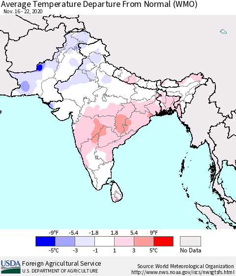 Southern Asia Average Temperature Departure from Normal (WMO) Thematic Map For 11/16/2020 - 11/22/2020