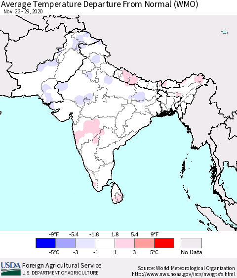 Southern Asia Average Temperature Departure from Normal (WMO) Thematic Map For 11/23/2020 - 11/29/2020