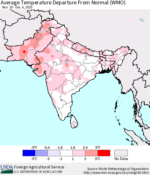 Southern Asia Average Temperature Departure from Normal (WMO) Thematic Map For 11/30/2020 - 12/6/2020
