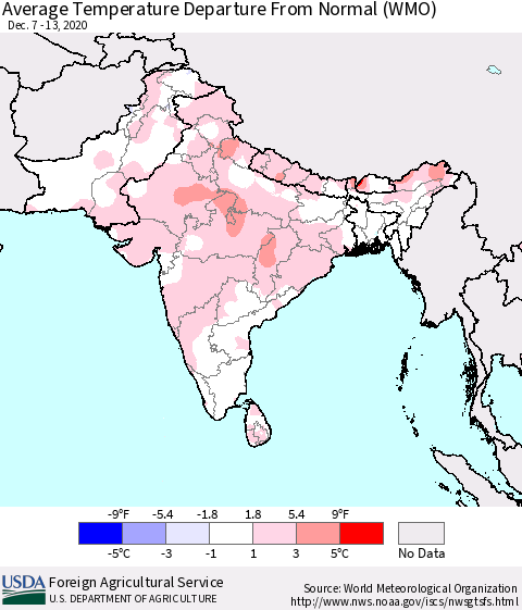 Southern Asia Average Temperature Departure from Normal (WMO) Thematic Map For 12/7/2020 - 12/13/2020