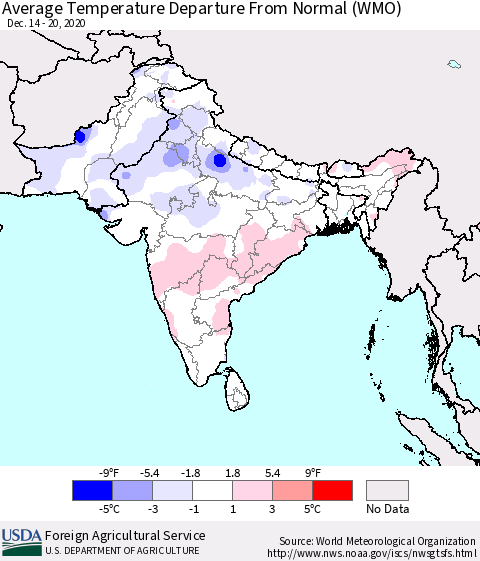 Southern Asia Average Temperature Departure from Normal (WMO) Thematic Map For 12/14/2020 - 12/20/2020
