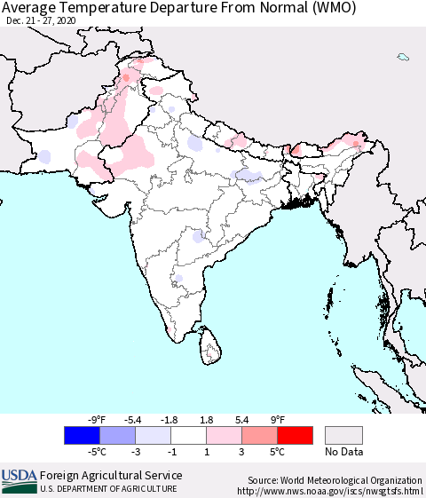 Southern Asia Average Temperature Departure from Normal (WMO) Thematic Map For 12/21/2020 - 12/27/2020
