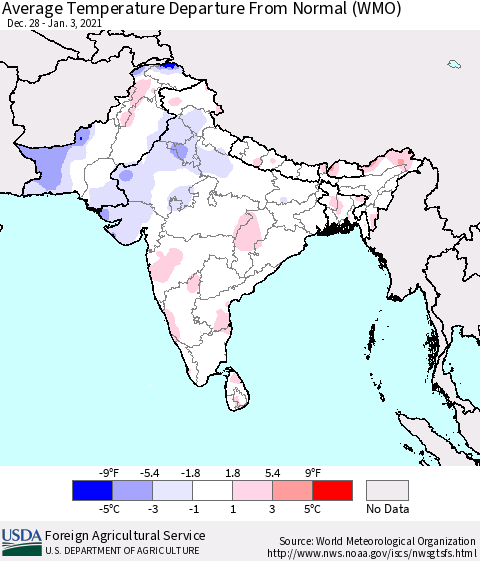 Southern Asia Average Temperature Departure from Normal (WMO) Thematic Map For 12/28/2020 - 1/3/2021