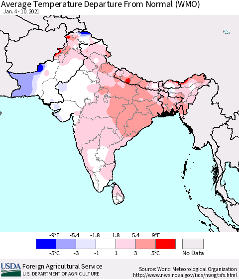Southern Asia Average Temperature Departure from Normal (WMO) Thematic Map For 1/4/2021 - 1/10/2021