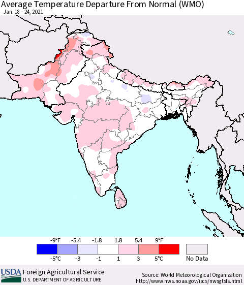 Southern Asia Average Temperature Departure from Normal (WMO) Thematic Map For 1/18/2021 - 1/24/2021