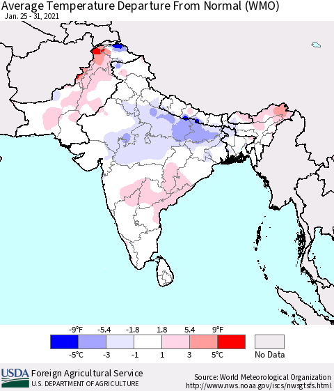 Southern Asia Average Temperature Departure from Normal (WMO) Thematic Map For 1/25/2021 - 1/31/2021