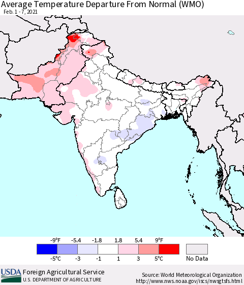 Southern Asia Average Temperature Departure from Normal (WMO) Thematic Map For 2/1/2021 - 2/7/2021