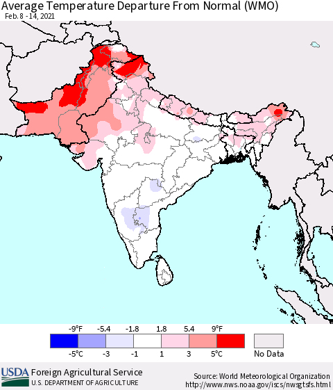 Southern Asia Average Temperature Departure from Normal (WMO) Thematic Map For 2/8/2021 - 2/14/2021