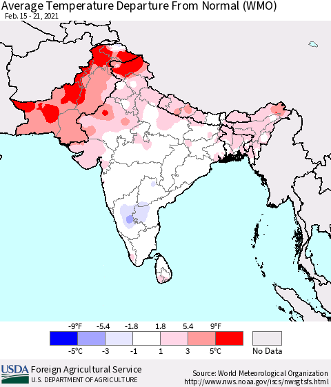 Southern Asia Average Temperature Departure from Normal (WMO) Thematic Map For 2/15/2021 - 2/21/2021