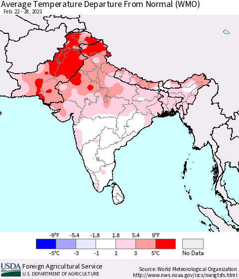 Southern Asia Average Temperature Departure from Normal (WMO) Thematic Map For 2/22/2021 - 2/28/2021