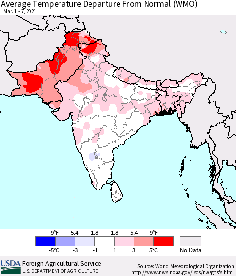 Southern Asia Average Temperature Departure from Normal (WMO) Thematic Map For 3/1/2021 - 3/7/2021