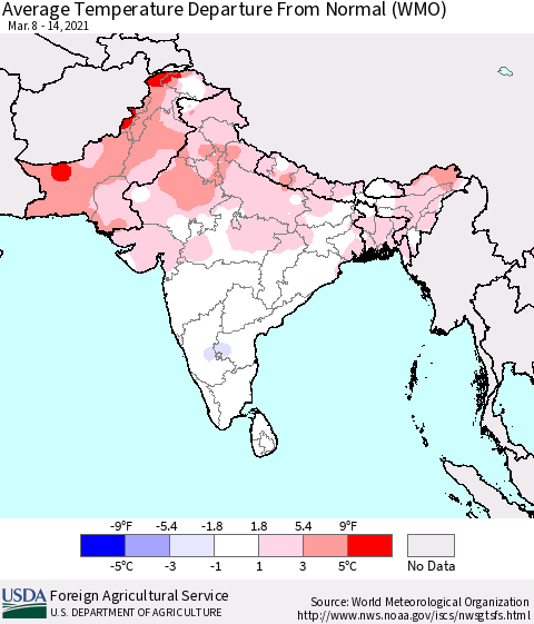 Southern Asia Average Temperature Departure from Normal (WMO) Thematic Map For 3/8/2021 - 3/14/2021