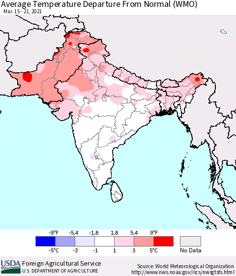 Southern Asia Average Temperature Departure from Normal (WMO) Thematic Map For 3/15/2021 - 3/21/2021